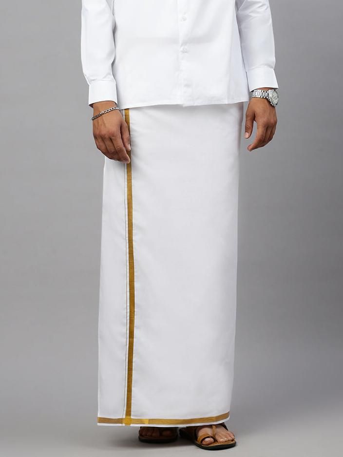 Men Cotton Blend Single Layer White Dhoti With 1/2" Gold Jari Border Agaram