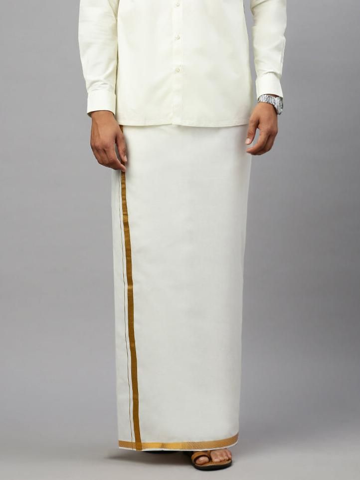 Men Cotton Blend Double Layer Cream Dhoti With 3/4" Jari Border Gold Twix