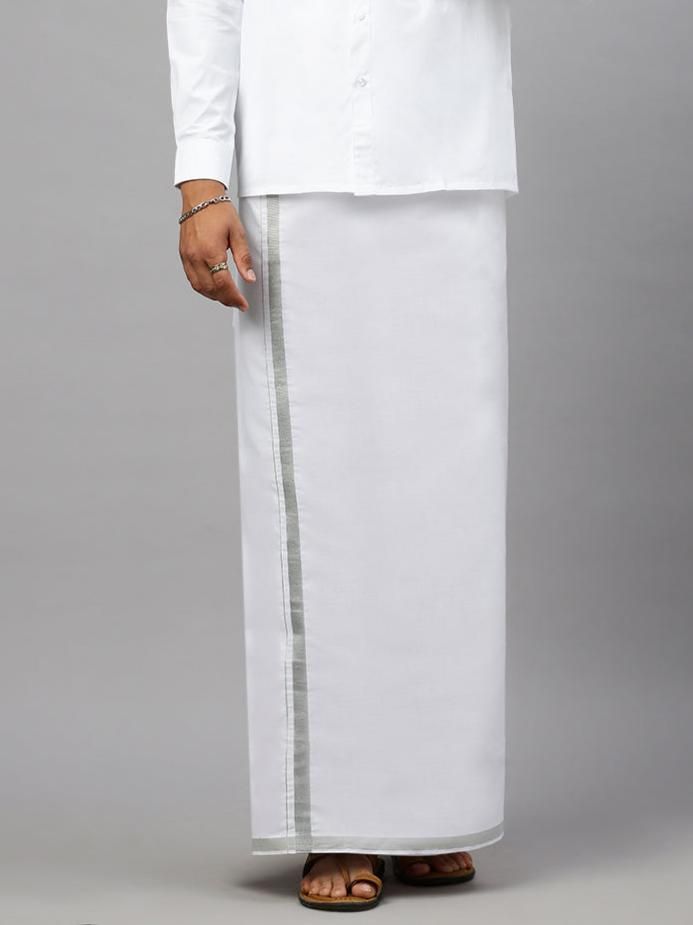 Men 100% Cotton Single Layer White Dhoti With 1/2" Silver Jari Border Shringar