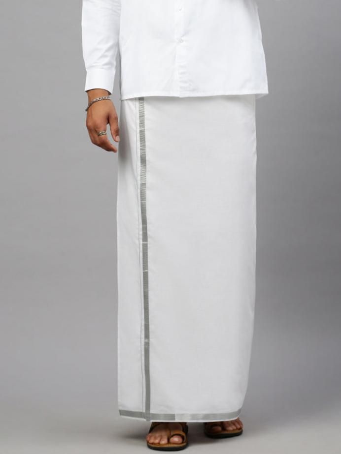 Men 100% Cotton Single Layer White Dhoti With 3/4" Silver Jari Border Shringar