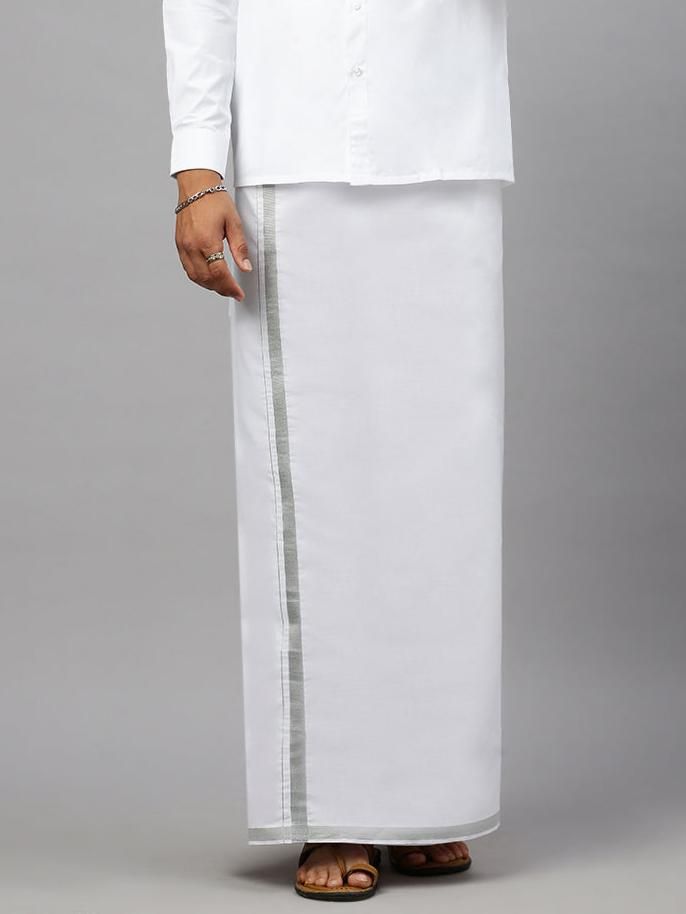 Men 100% Cotton Single Layer White Dhoti With 1/2" Jari Border Silver Storm