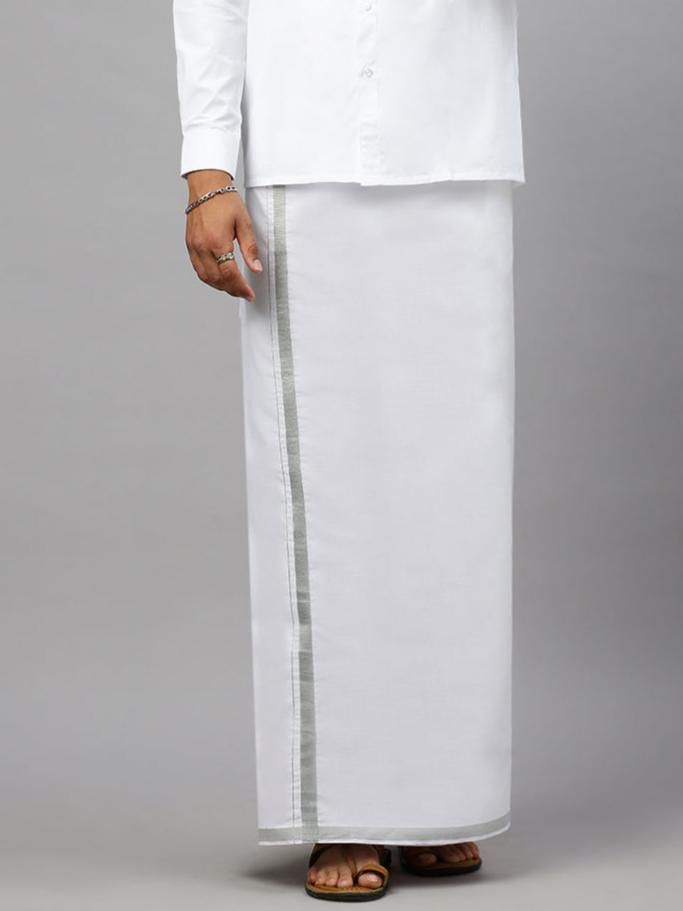 Men Cotton Blend Single Layer White Dhoti With 3/4" Silver Jari Border
