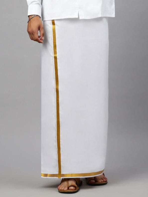 Men 100% Cotton Single Layer White Dhoti With 3/4" Gold Jari Border Aruthra