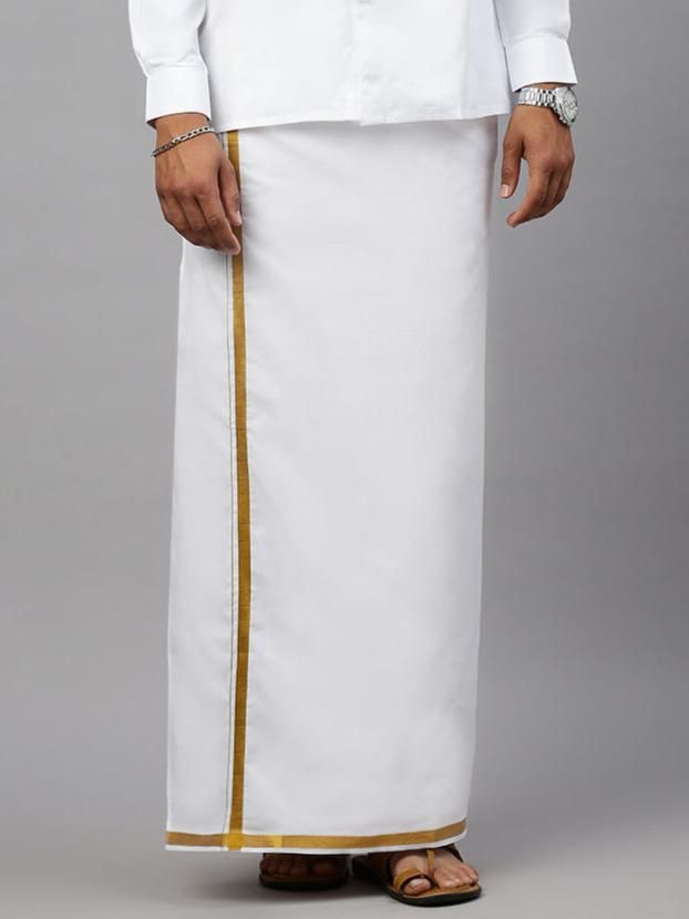 Men Cotton Blend Readymade Single Layer White Dhoti With 3/4" Gold Jari Border M146