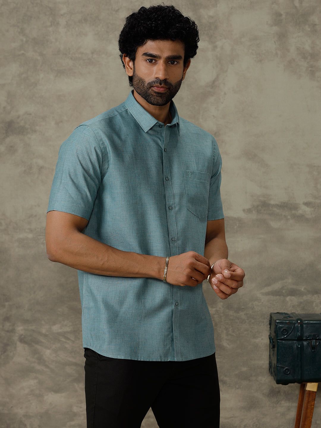 Men Cotton Rich Half Sleeves Shirt Pine Green Trendy 8 Yh5