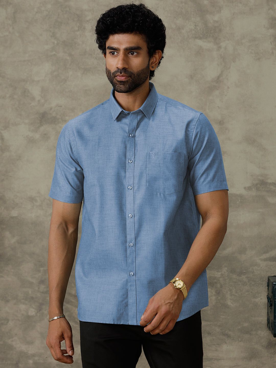 Men Cotton Rich Half Sleeves Shirt Deep Blue Trendy 8 Yh6