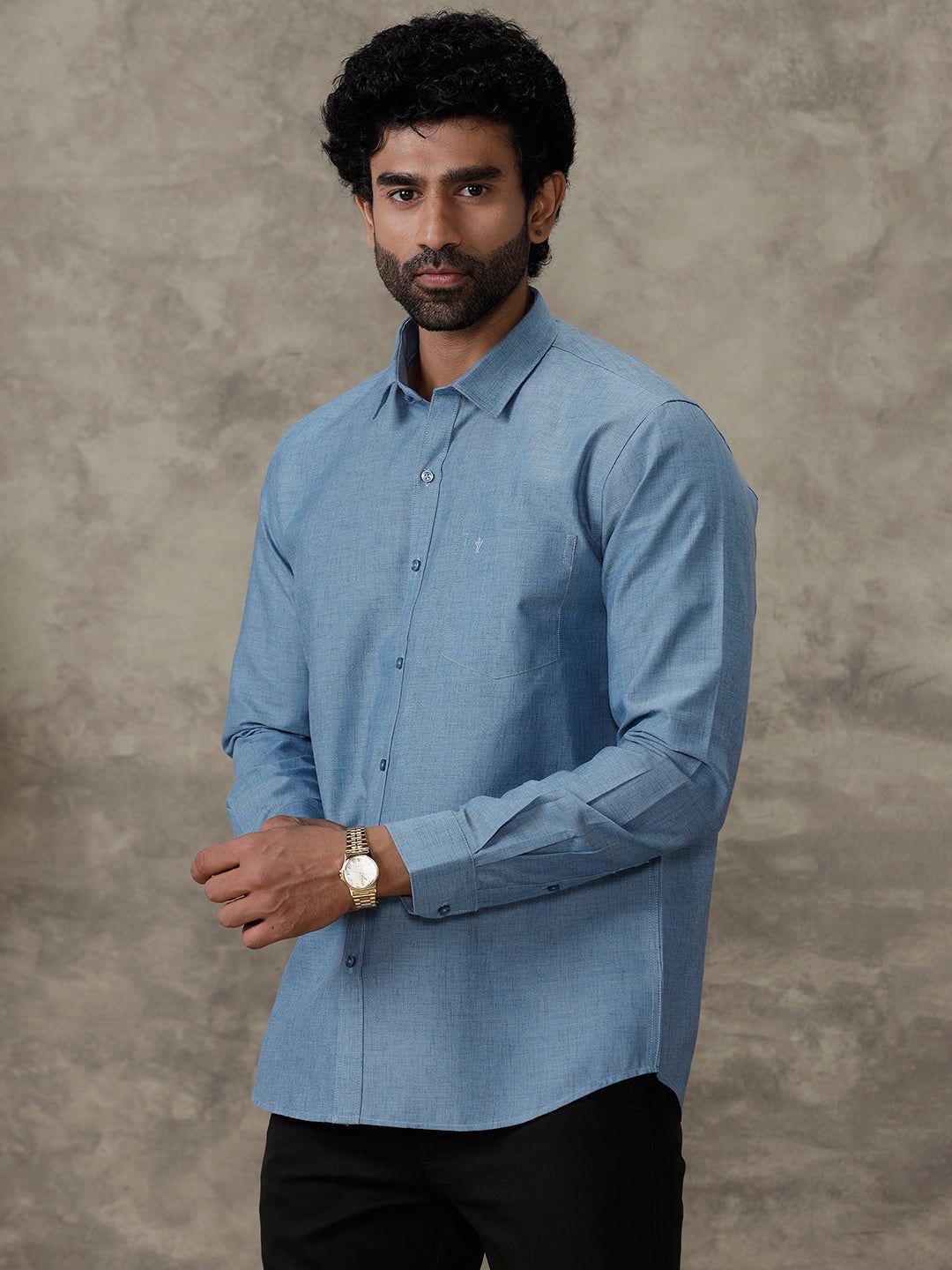Men Cotton Rich Full Sleeves Shirt Deep Blue Trendy 8 Yh6 image 2
