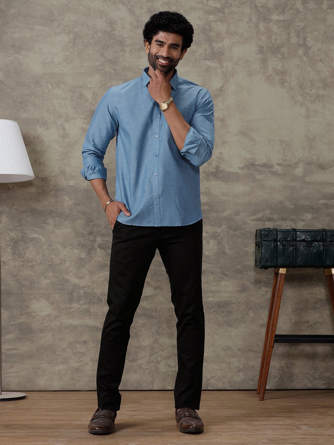 Men Cotton Rich Full Sleeves Shirt Deep Blue Trendy 8 Yh6 image 5