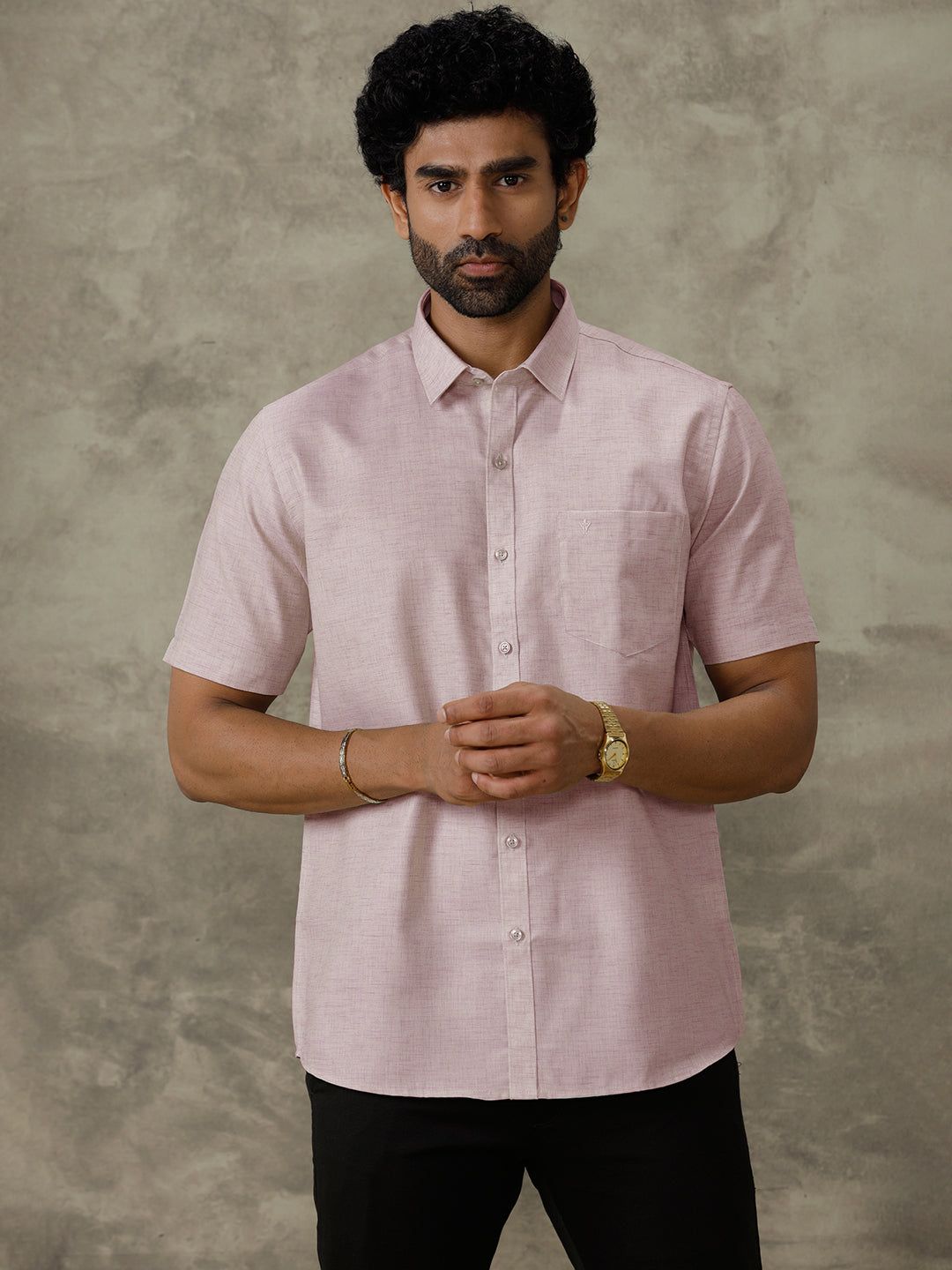 Men Cotton Rich Half Sleeves Shirt Pinky Brown Trendy 8 Yh7