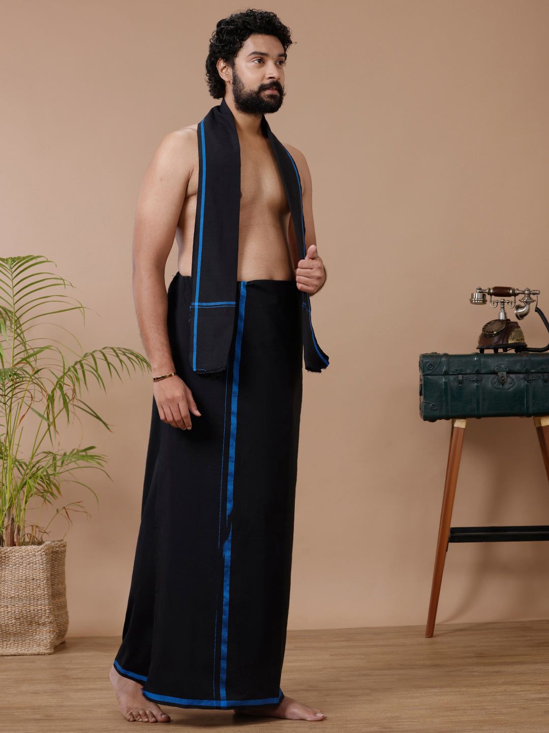 Men Cotton Blend Single Layer Black Dhoti & Towel Set With Blue Big Border image 2