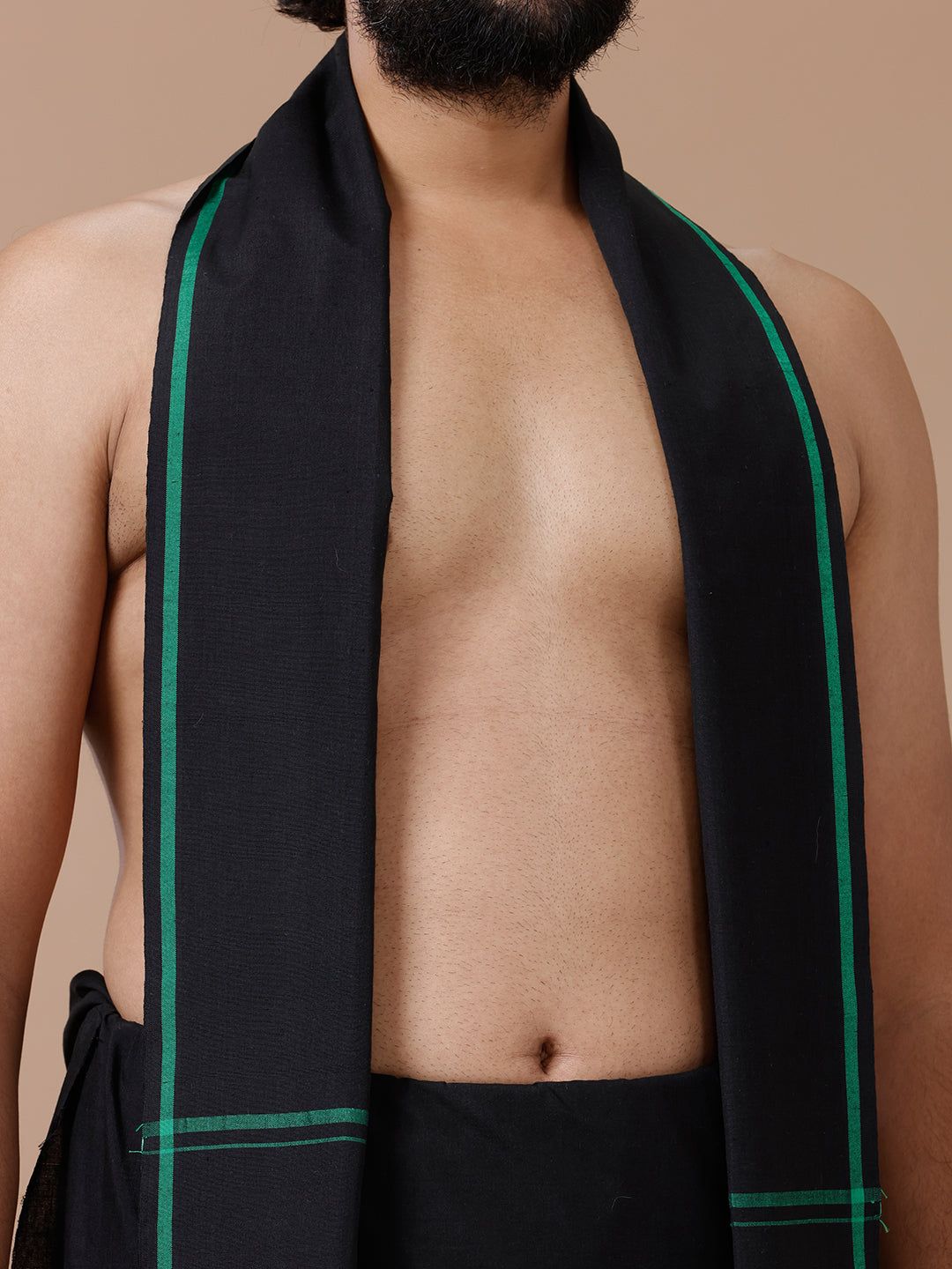 Men Cotton Blend Single Layer Black Dhoti & Towel Set With Green Big Border image 2