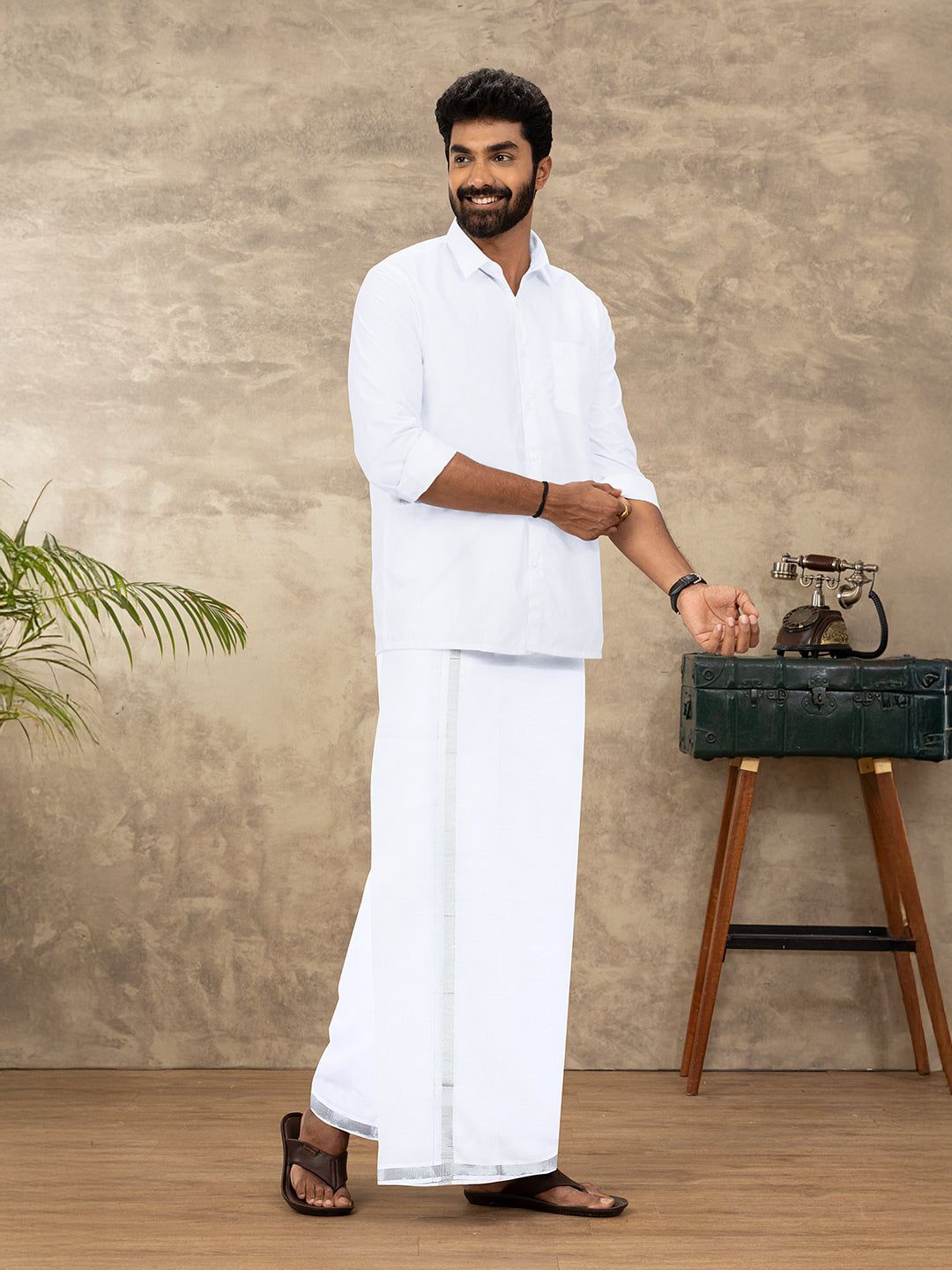 Men Cotton Blend Single Layer White Dhoti With 3/4" Silver Jari Border Jupiter image 2