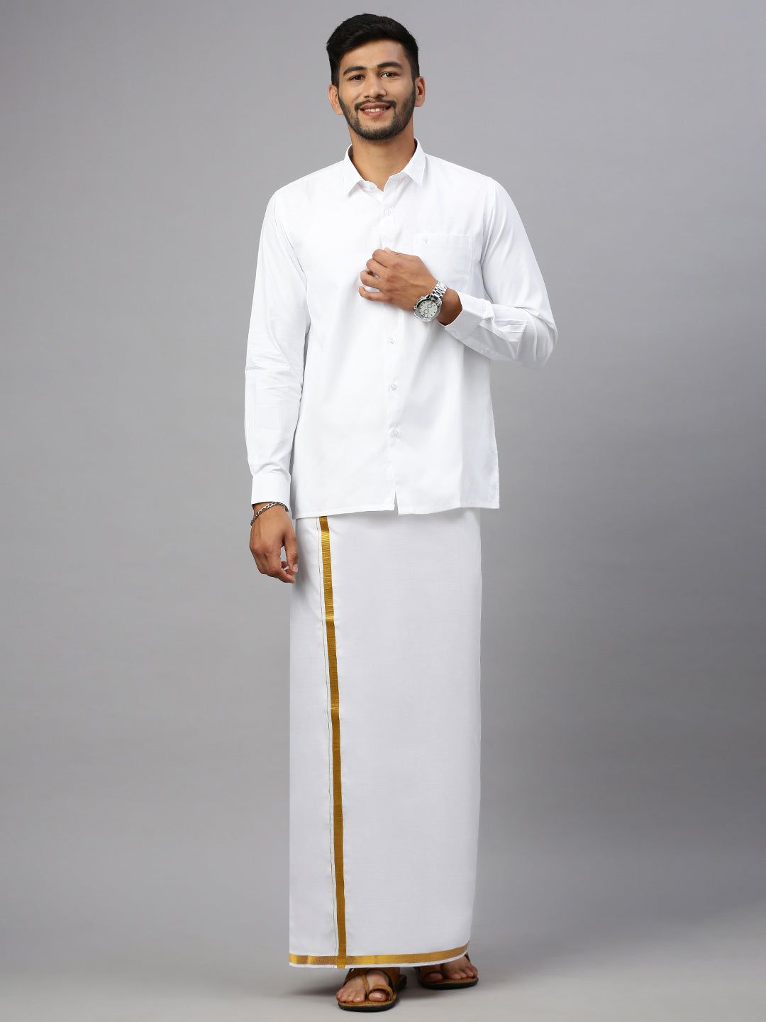 Men Cotton Blend Single Layer White Dhoti With 1" Inch Gold Jari Border Jupiter image 2