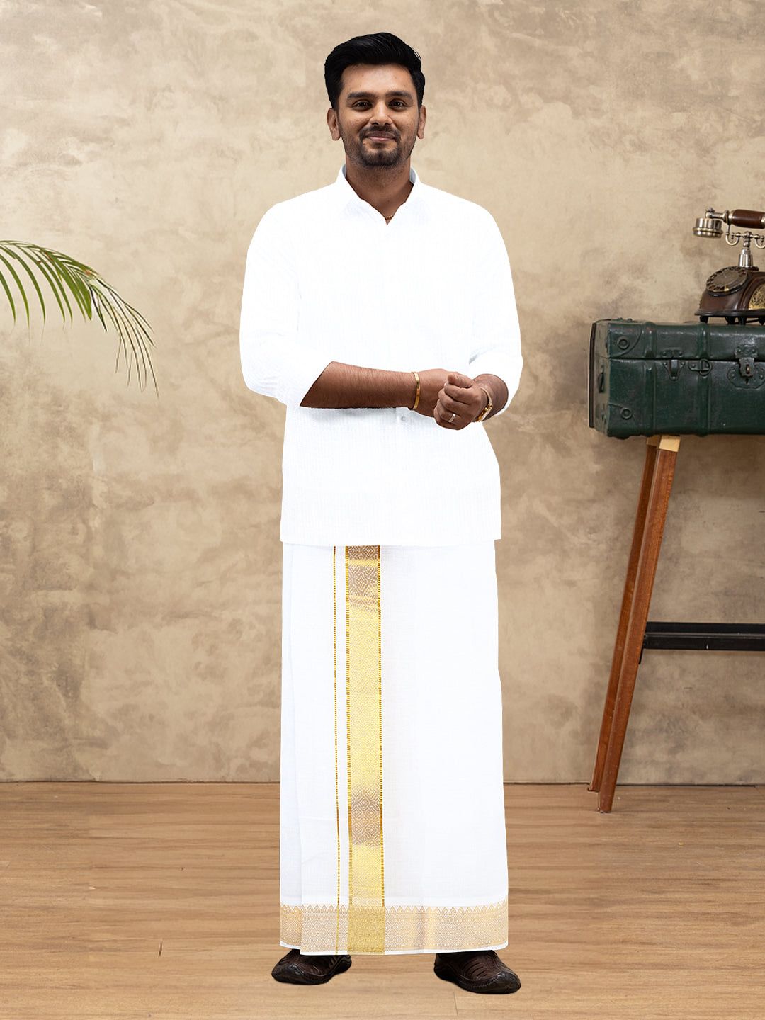 Men 100% Cotton Single Layer White Dhoti With Gold Jari Border Aura 306 image 2