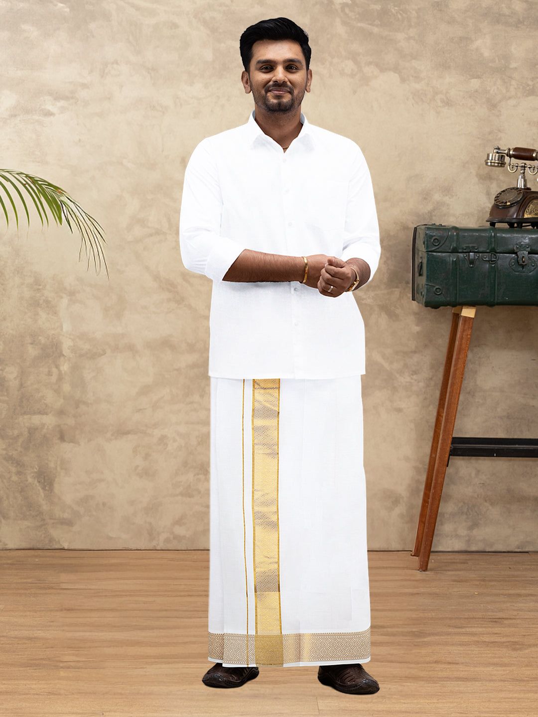 Men 100% Cotton Single Layer White Dhoti With Gold Jari Border Aura 336 image 2