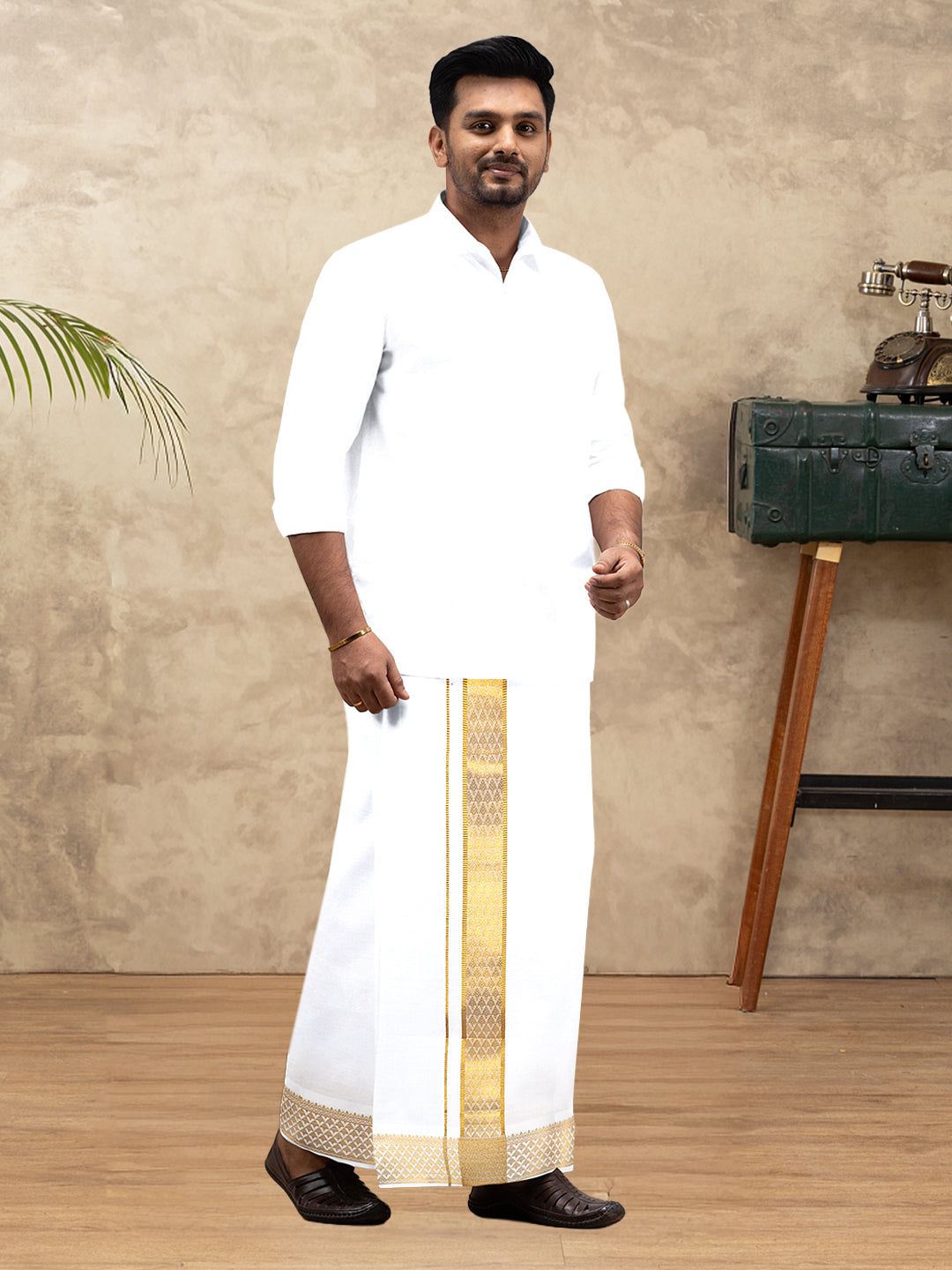 Men 100% Cotton Single Layer White Dhoti With Gold Jari Border Aura 363 image 2
