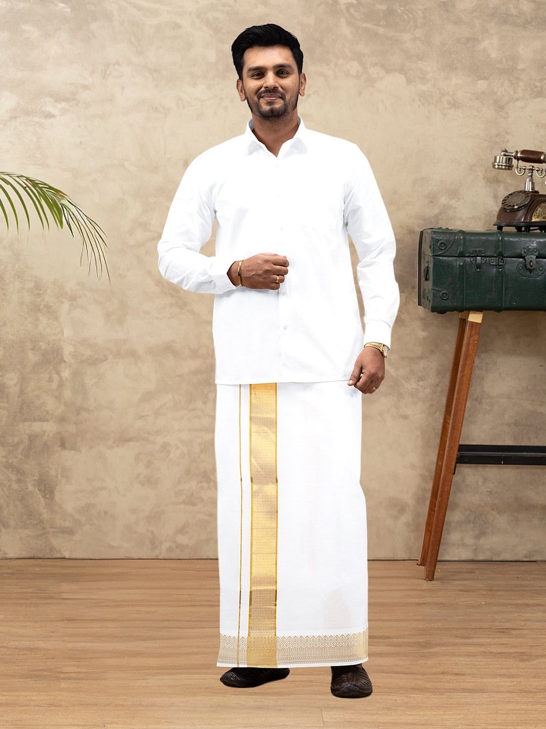 Men 100% Cotton Single Layer White Dhoti With Gold Jari Border Aura 315 image 2