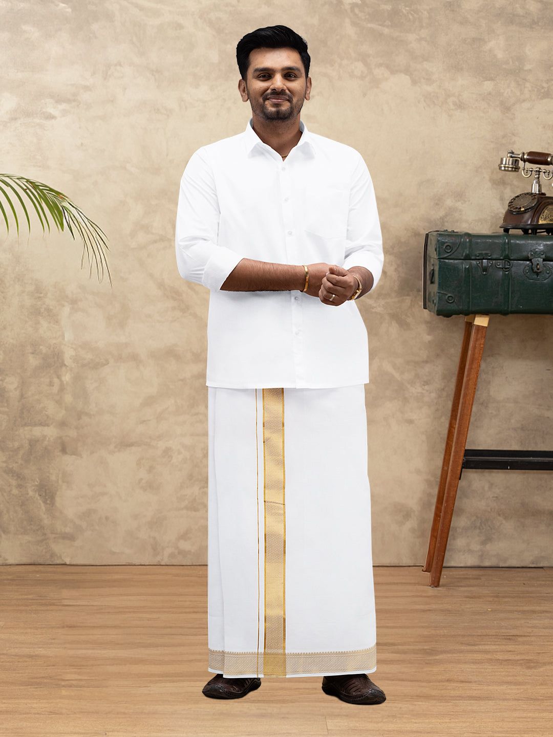 Men 100% Cotton Single Layer White Dhoti With Gold Jari Border Aura 365 image 2