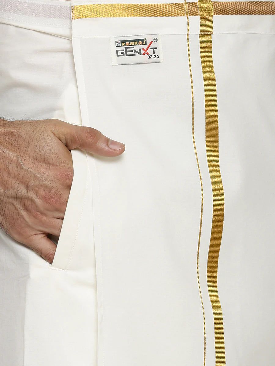 Men Cotton Blend Readymade Single Layer Cream Dhoti With Gold Jari Border image 2