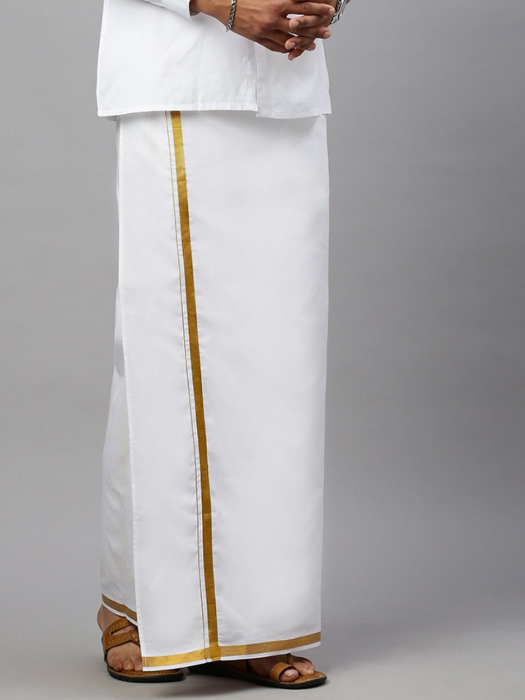 Men Cotton Blend Single Layer White Dhoti With 3/4" Jari Border Gold River image 2