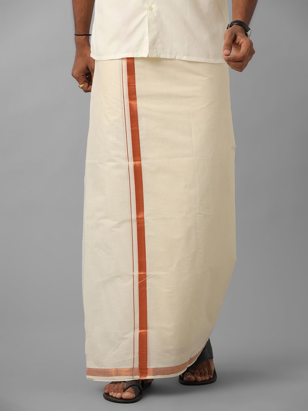 Men Kora Cotton Double Layer Dhoti With Copper Jari Border Mangal image 2