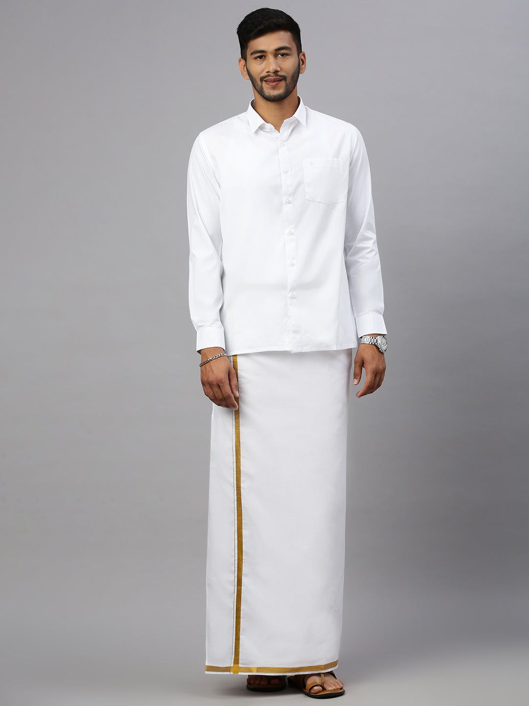 Men Cotton Blend Double Layer White Dhoti With 3/4" Gold Jari Border Goldsmith image 2
