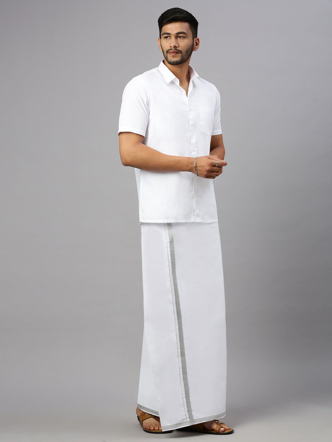 Men Cotton Blend Double Layer White Dhoti With Silver Jari Border Statesman image 2