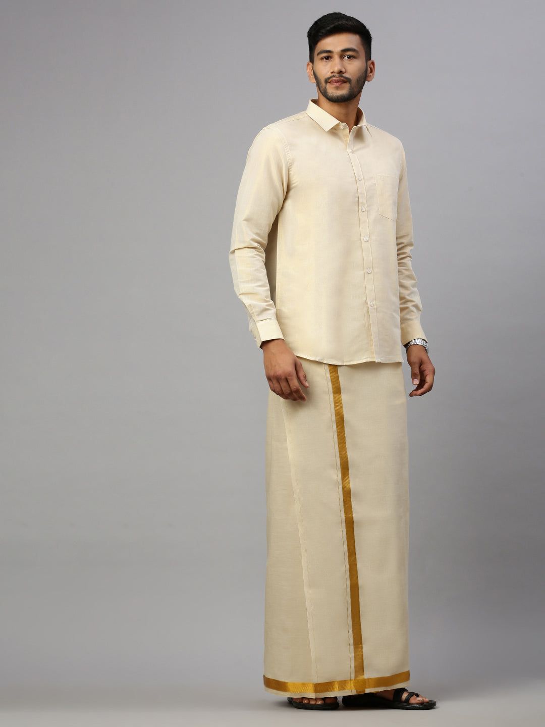 Men Tissue Single Layer Gold Dhoti With Jari Border image 2