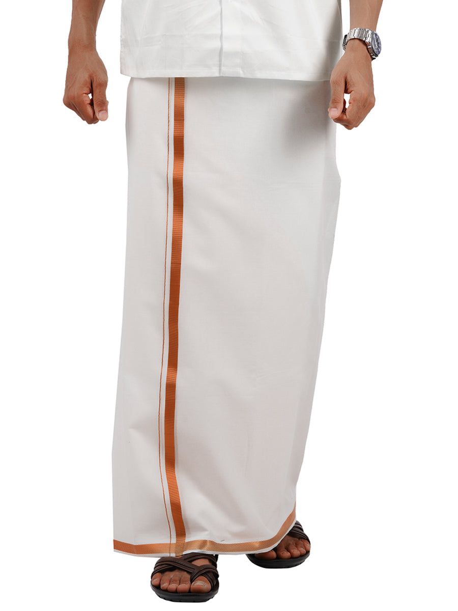Men Cotton Blend Single Layer White Dhoti With 3/4" Copper Jari Border image 2