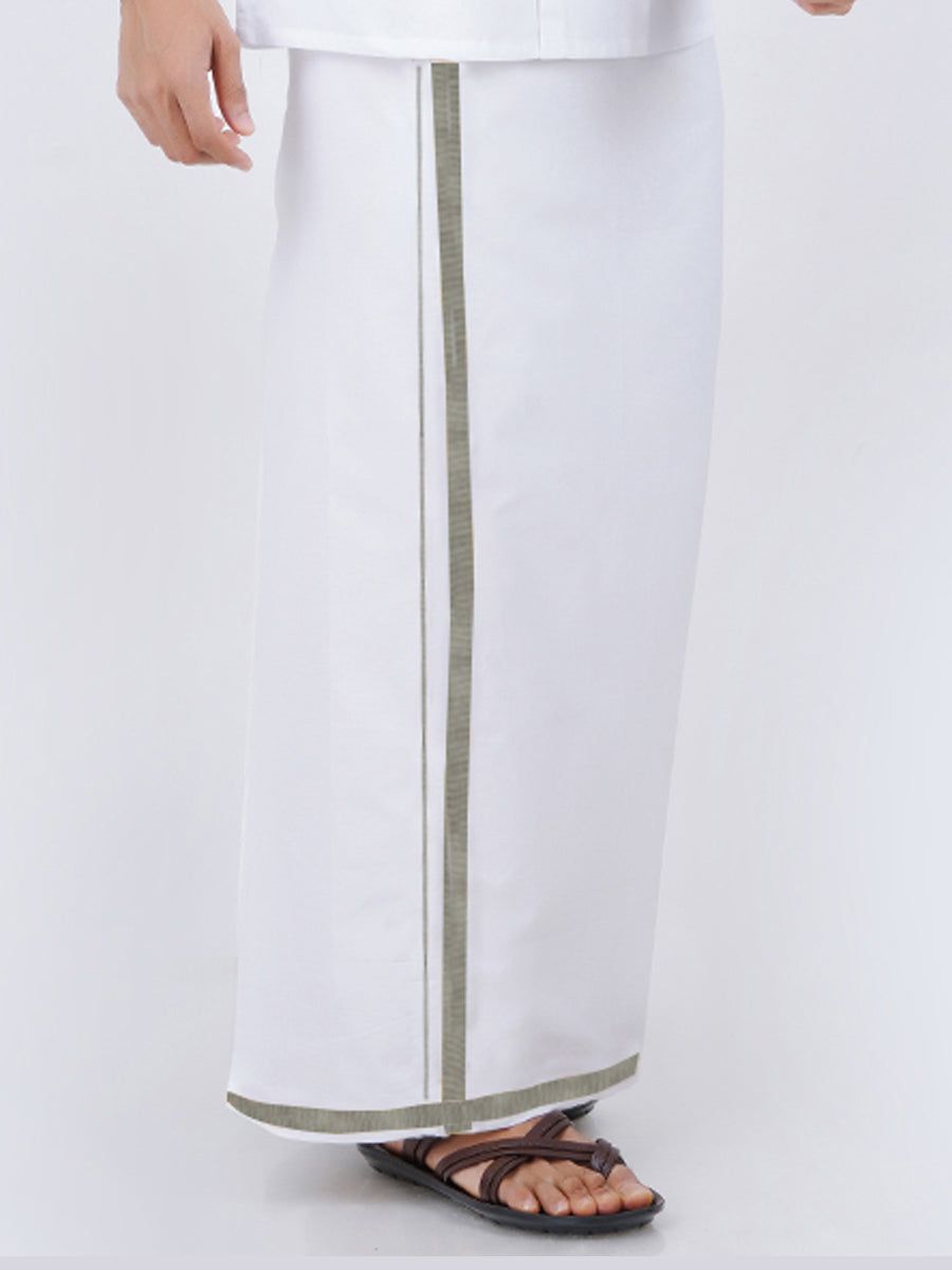 Men Cotton Blend Single Layer White Dhoti With 3/4" Silver Jari Border Silvertone image 2
