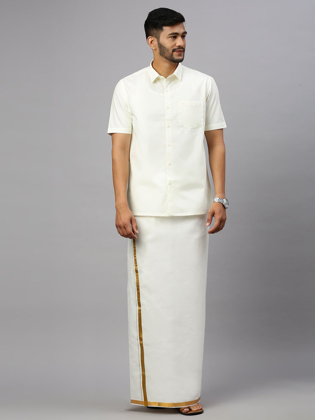 Men Cotton Blend Double Layer Cream Dhoti With 3/4" Jari Border Gold Leaf image 2