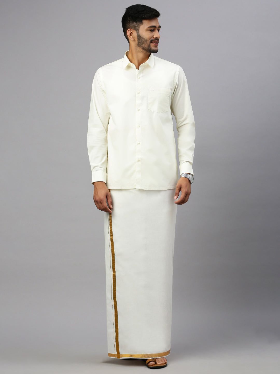 Men Cotton Blend Double Layer Cream Dhoti With 1/2" Jari Border Gold Leaf image 2
