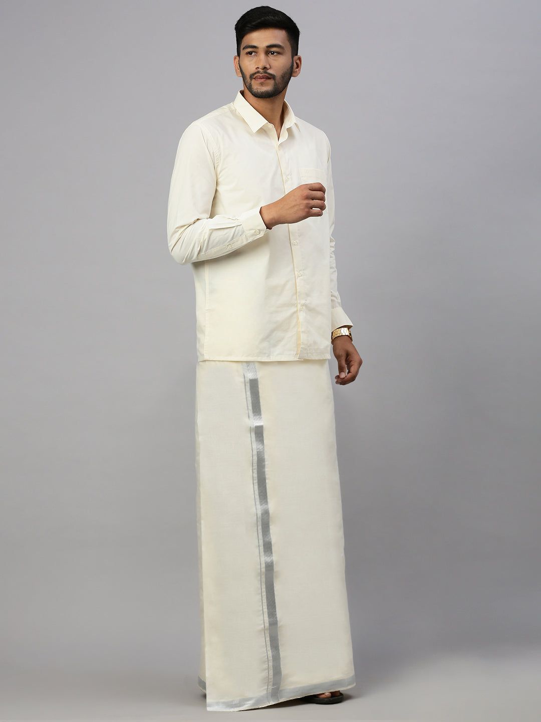 Men Kora Cotton Double Layer Dhoti With 1" Silver Jari Border Light Silver image 2