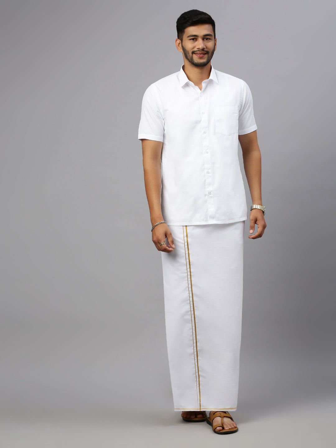 Men 100% Cotton Single Layer White Dhoti With Gold Jari Border Riktha image 2