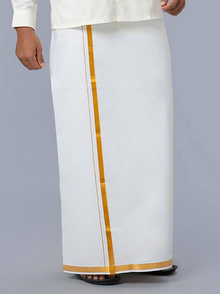 Men 100% Cotton Single Layer Cream Dhoti With 3/4" Gold Jari Border Maestro image 2