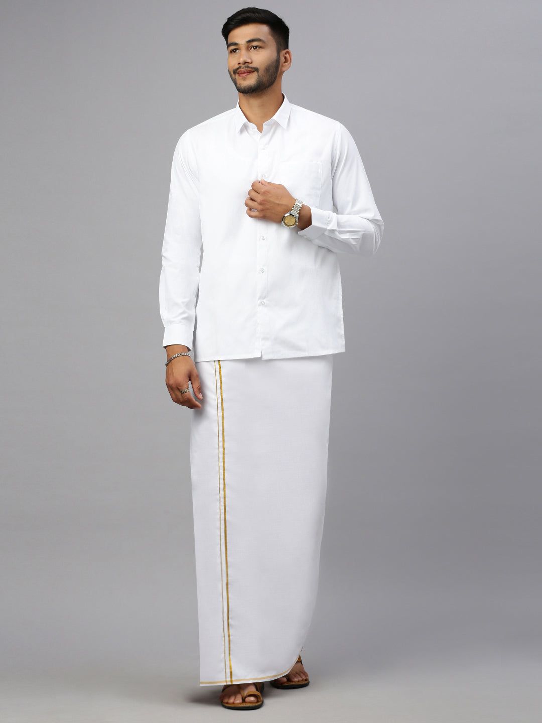 Men 100% Cotton Single Layer White Dhoti With 1/4" Gold Jari Border Aruthra image 2