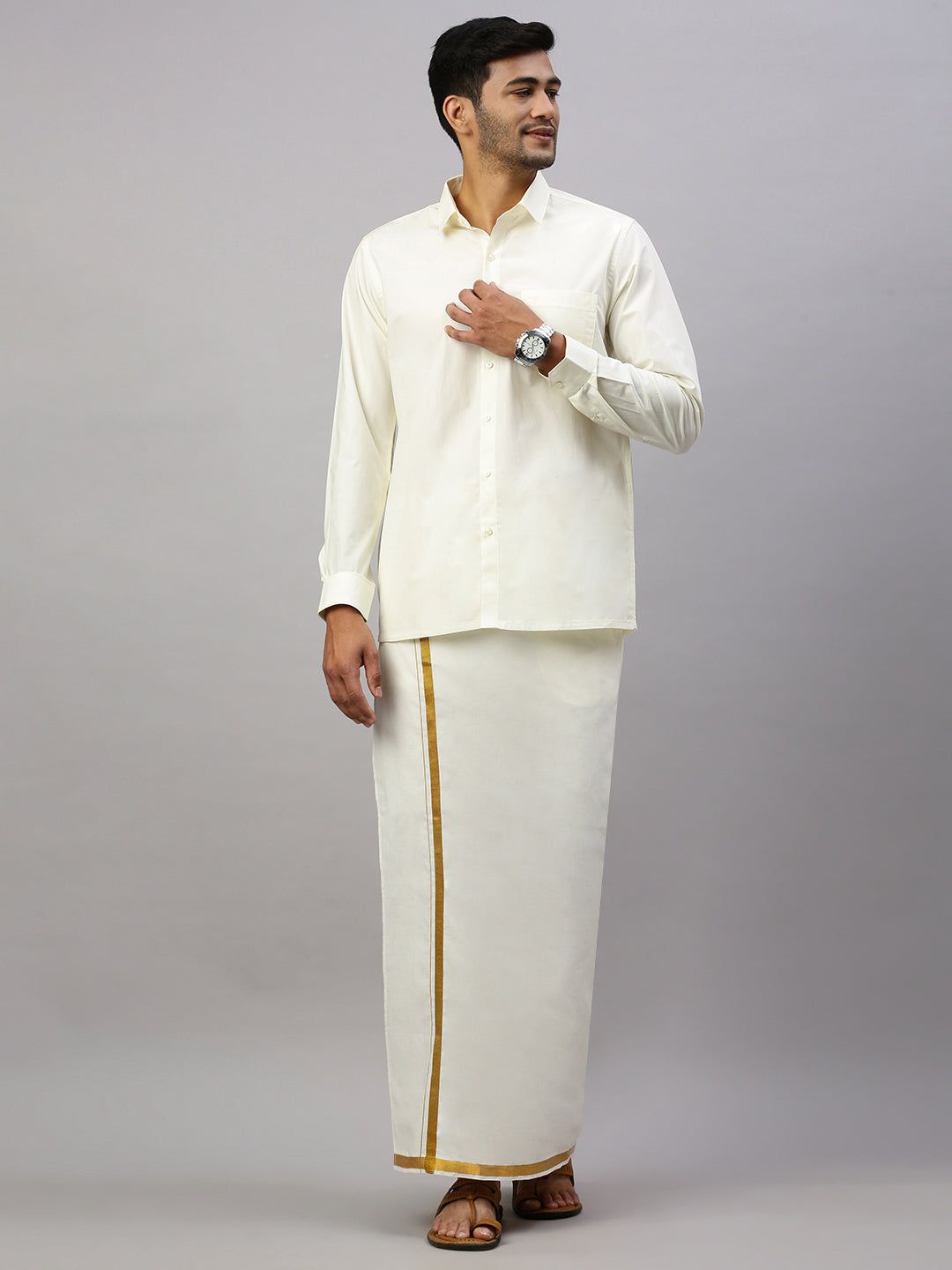 Men 100% Cotton Single Layer Cream Dhoti With 3/4" Gold Jari Border Career image 2