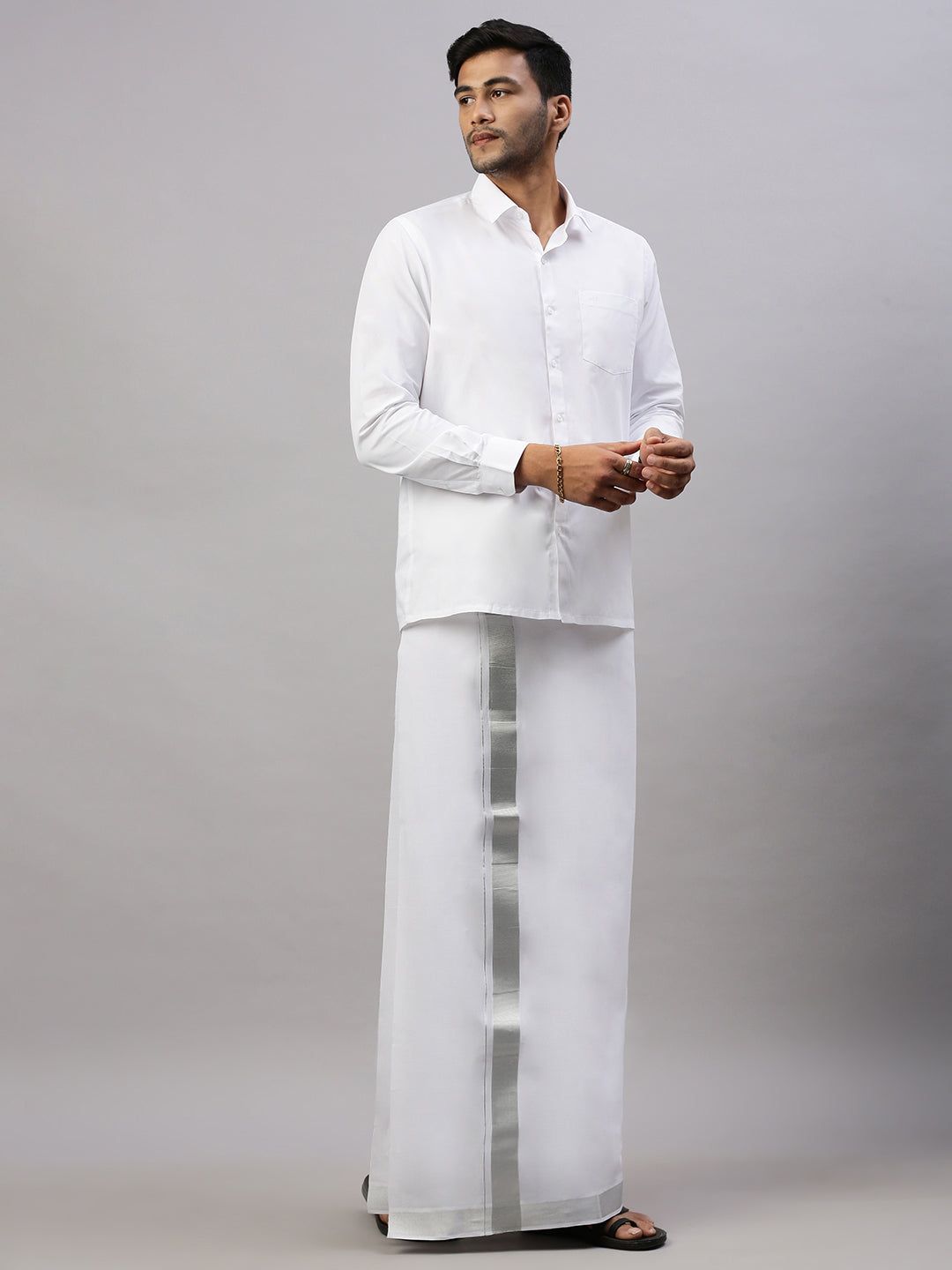Men 100% Cotton Single Layer White Dhoti With 1 1/2" Silver Jari Border Shringar image 2