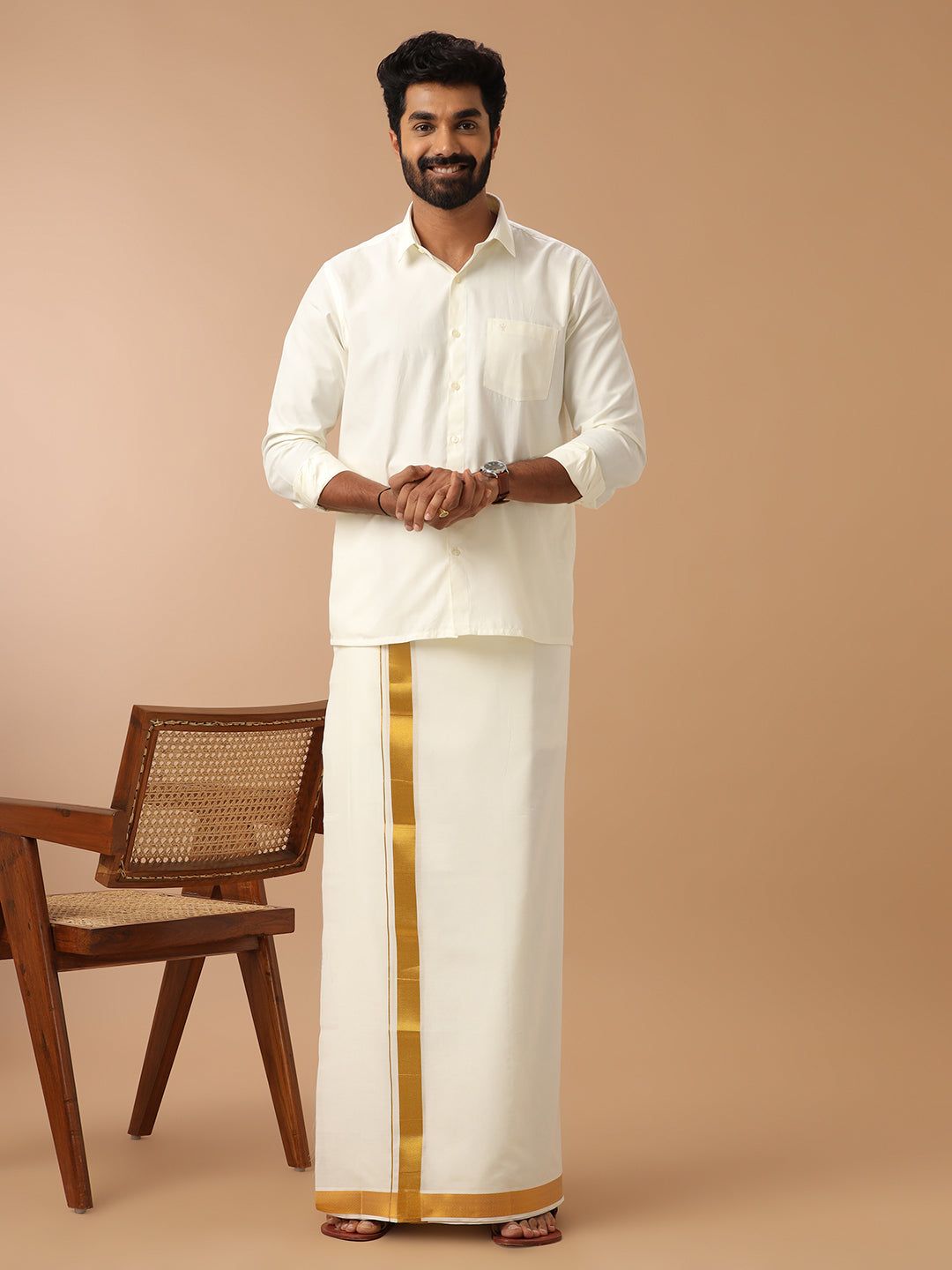 Men 100% Cotton Single Layer Cream Dhoti With 1 1/2" Gold Jari Border Career image 2