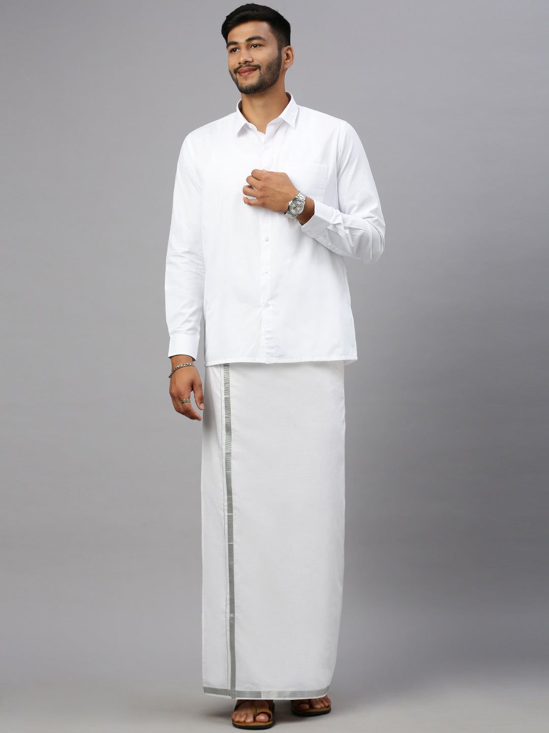Men 100% Cotton Single Layer White Dhoti With 3/4" Silver Jari Border Shringar image 2