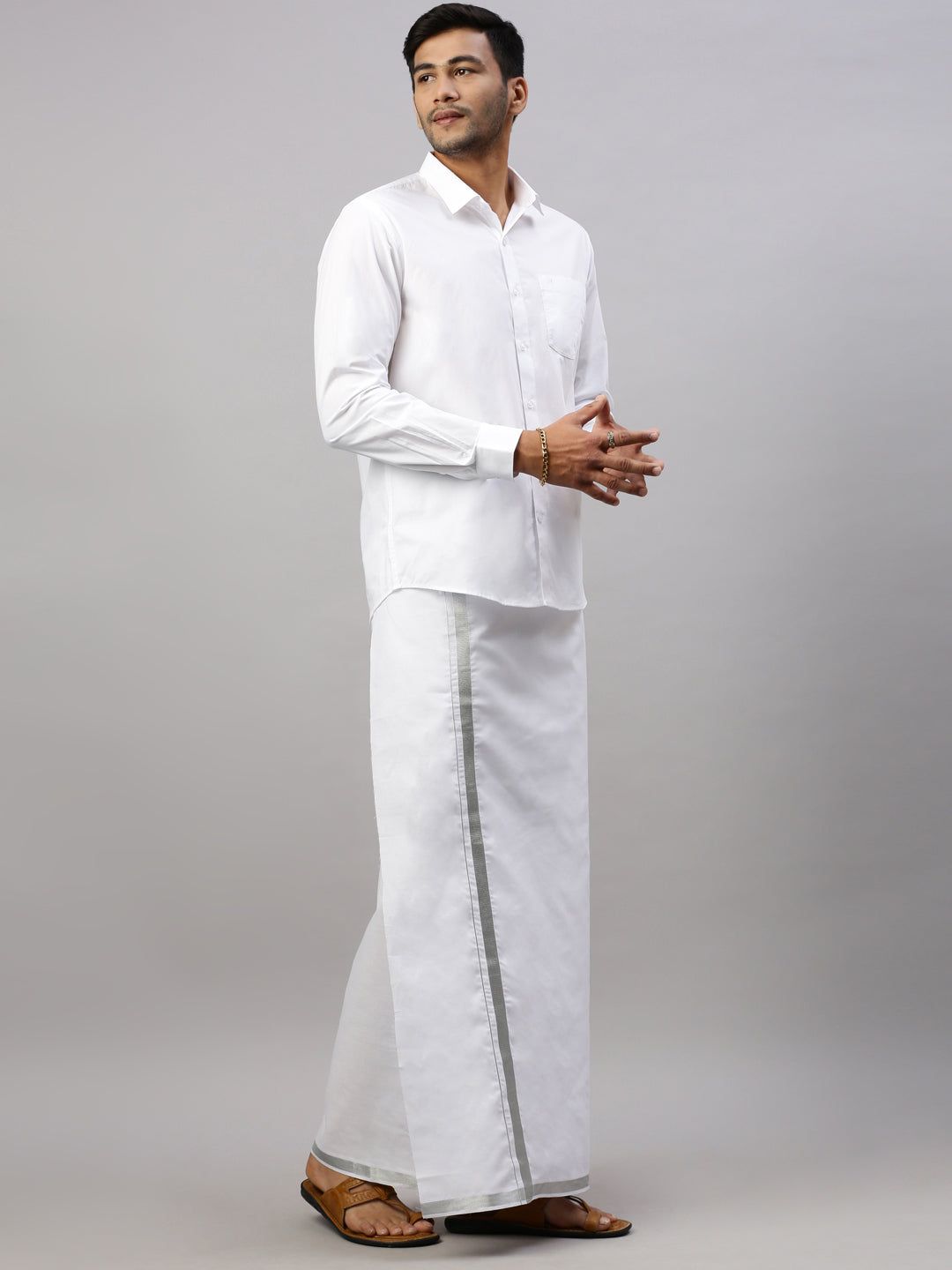 Men 100% Cotton Single Layer White Dhoti With 1" Silver Jari Border Shringar image 2