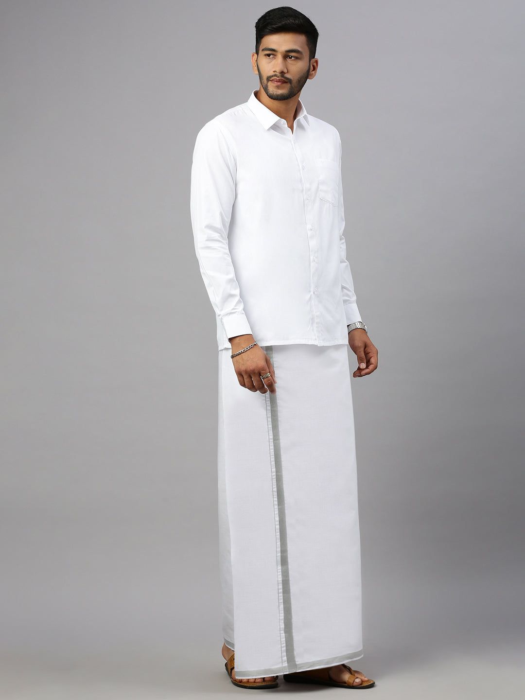 Men 100% Cotton Single Layer White Dhoti With 1/2" Jari Border Silver Storm image 2
