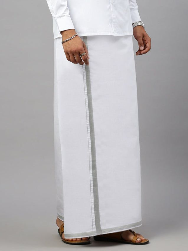 Men Cotton Blend Single Layer White Dhoti With 3/4" Silver Jari Border image 2