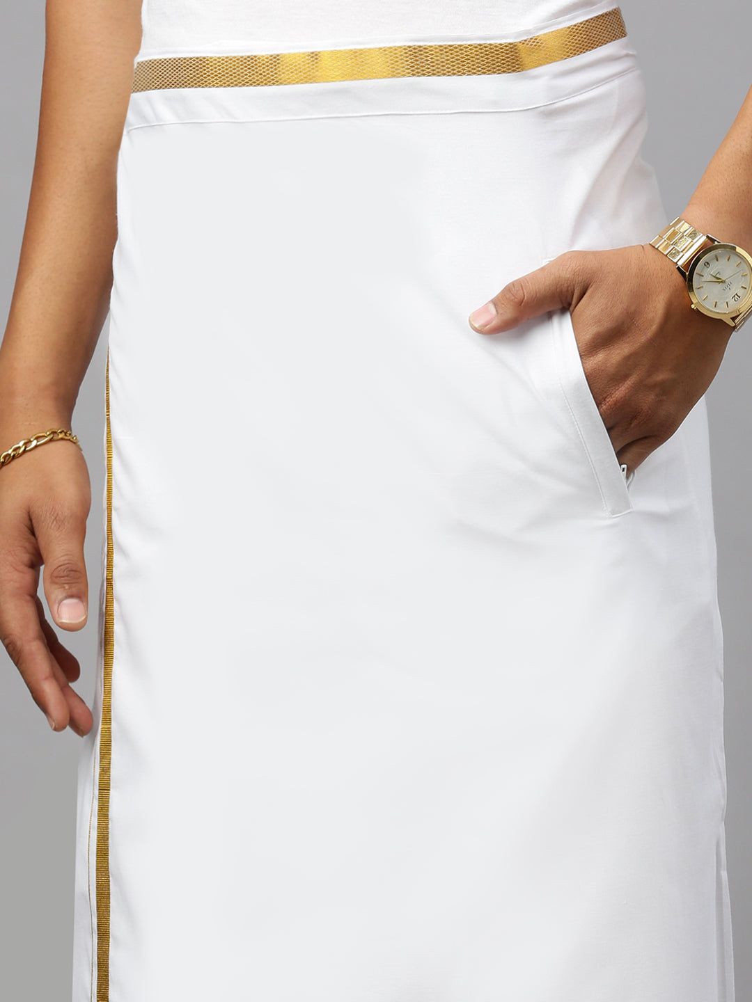 Men Cotton Blend Readymade Single Layer White Dhoti With 3/4" Gold Jari Border M146 image 2