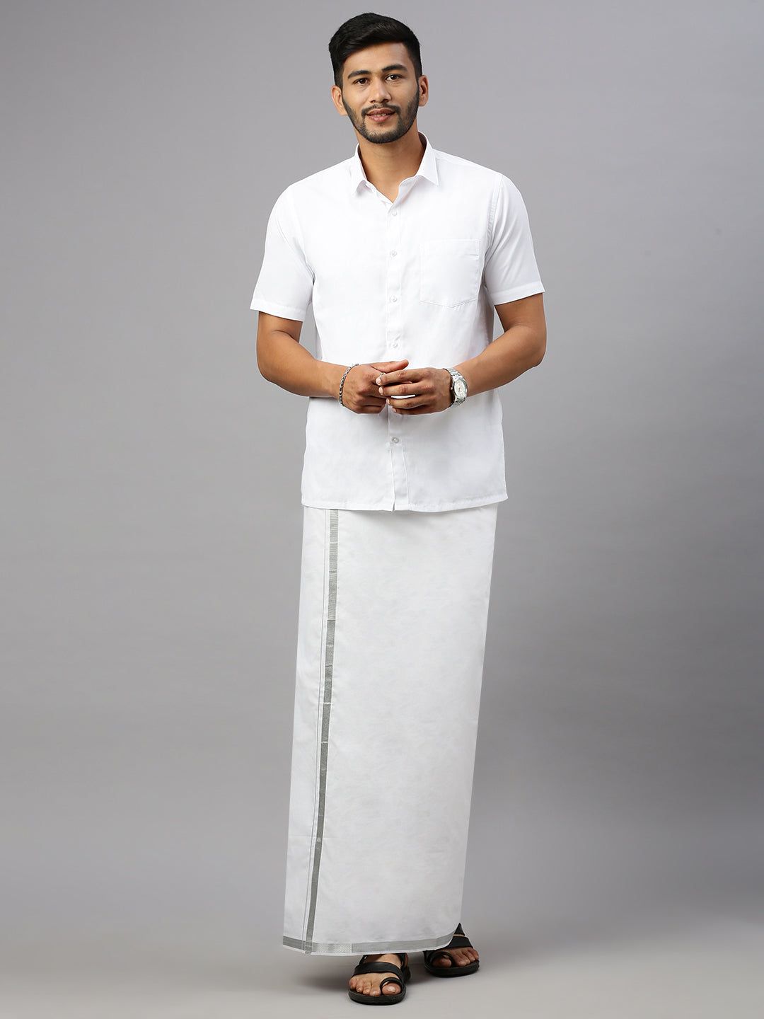 Men Cotton Blend Double Layer White Dhoti With 1" Jari Border Silver Rose image 2