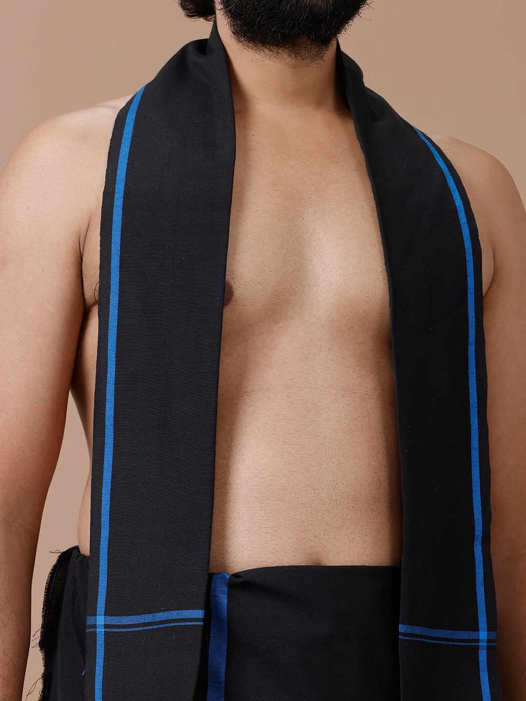 Men Cotton Blend Single Layer Black Dhoti & Towel Set With Blue Big Border image 3