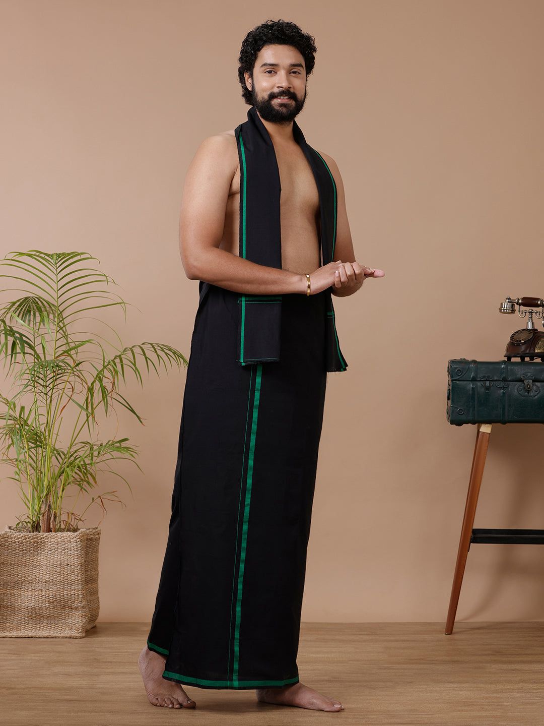 Men Cotton Blend Single Layer Black Dhoti & Towel Set With Green Big Border image 3