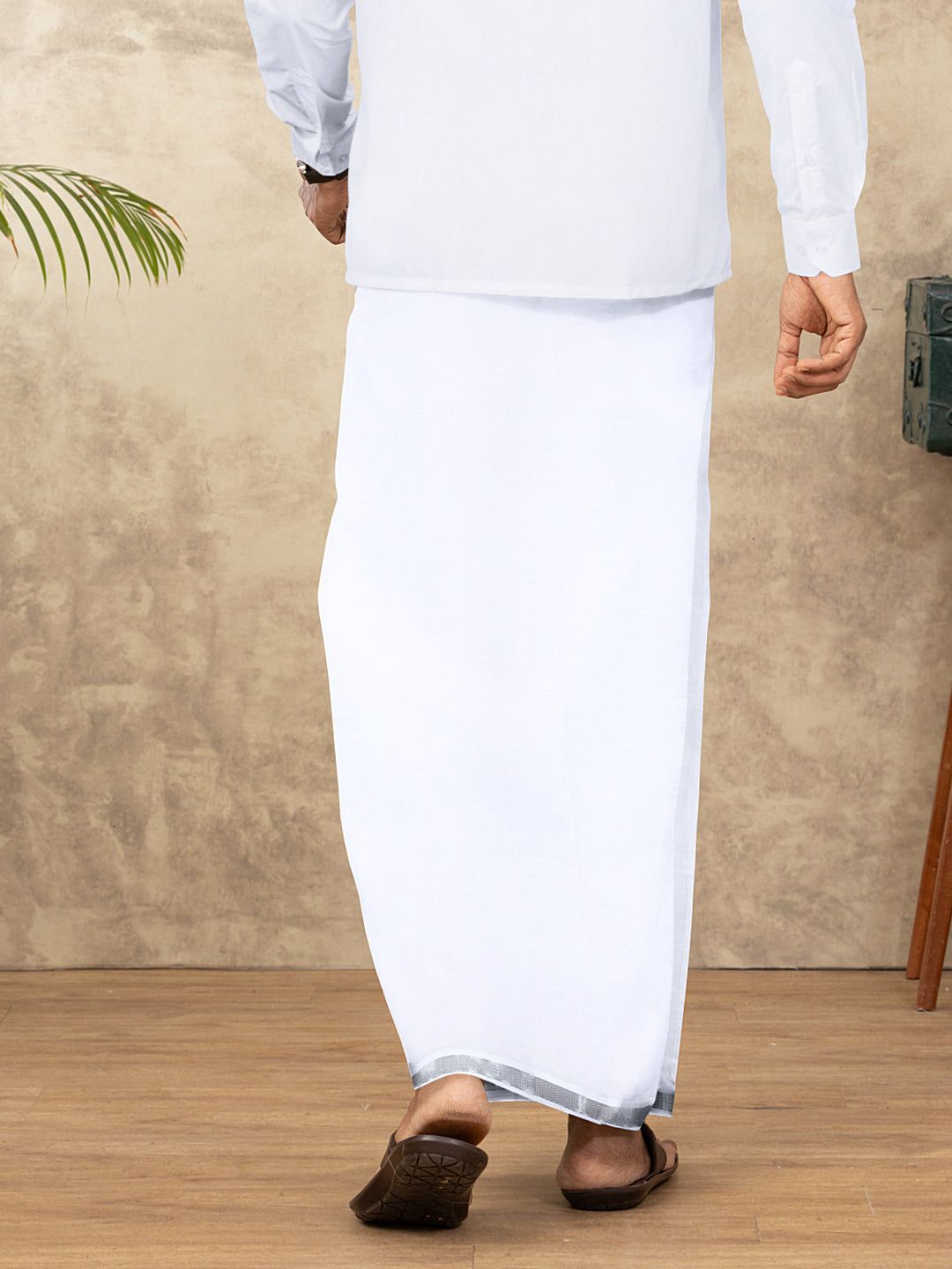 Men Cotton Blend Single Layer White Dhoti With 3/4" Silver Jari Border Jupiter image 3