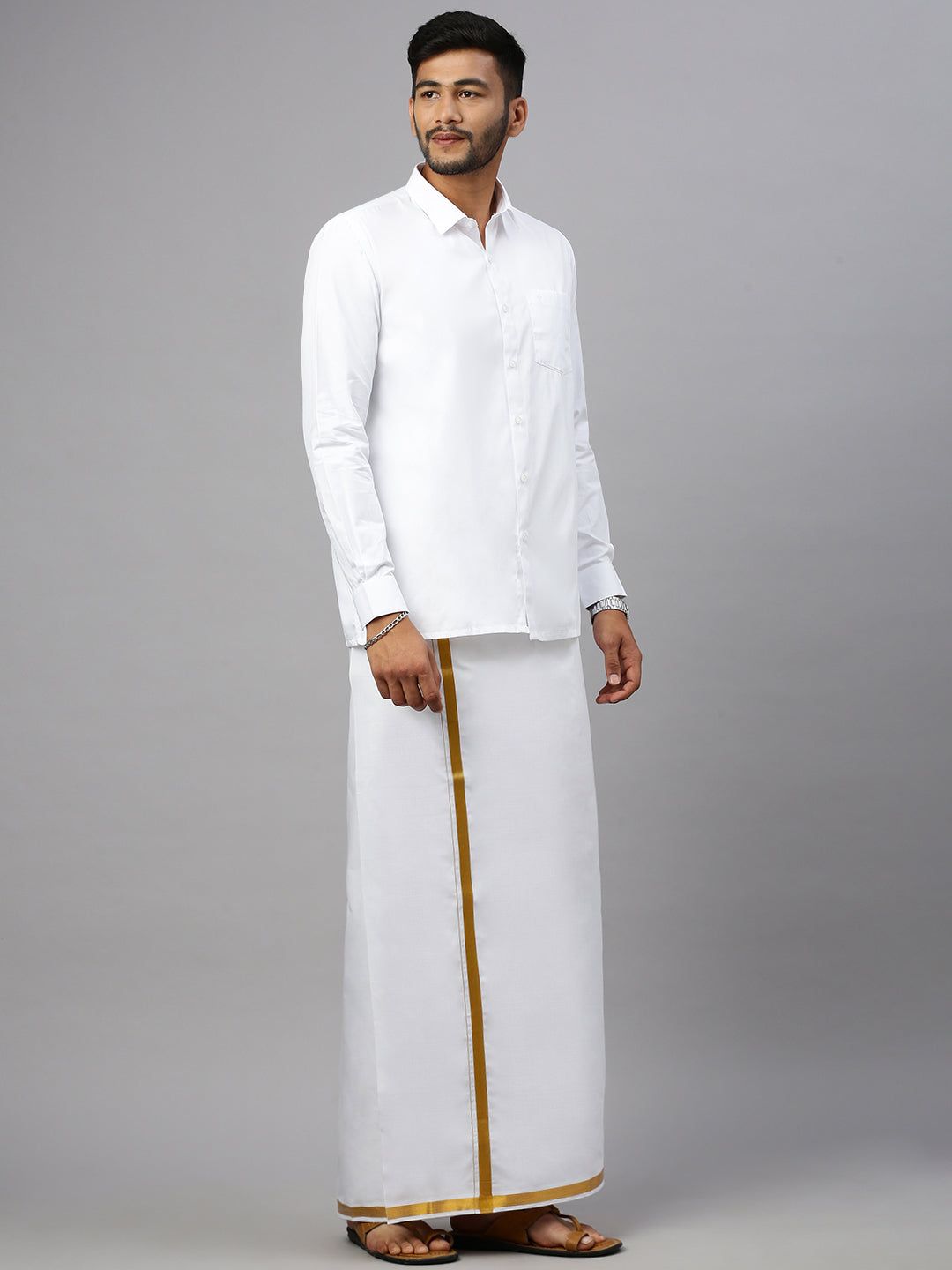 Men Cotton Blend Single Layer White Dhoti With 1" Inch Gold Jari Border Jupiter image 3