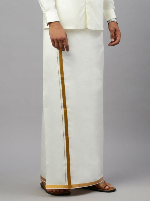 Men Cotton Blend Readymade Single Layer Cream Dhoti With Gold Jari Border image 3
